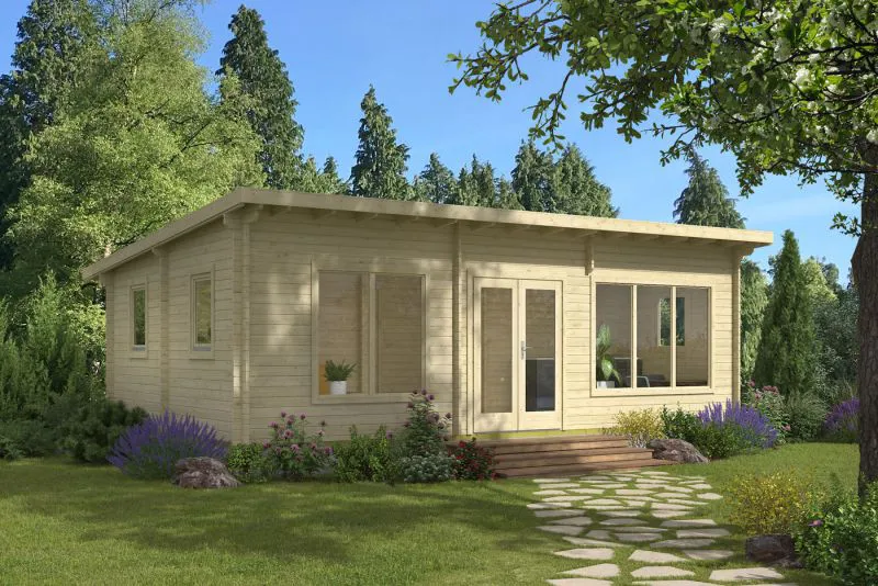 Ferienhaus / Gartenhaus mit 4 Räume, inkl. Fußboden, aus nordischen Fichtenholz, 40 mm Blockbohlenhaus, Grundfläche: 40,5 m², mit Isolierverglasung, Außenmaße: 780 x 520 cm, Flachdach