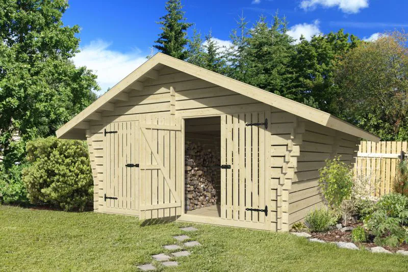 Holzschuppen / Gerätehaus mit zwei Doppeltüren, inkl. Fußboden, aus Kiefernholz gehobelt, Satteldach, 40 mm Blockbohlenhaus, Lüftungslücken zwischen Wandbrettern, Grundfläche: 21,23 m², Außenmaße: 418 x 508 cm