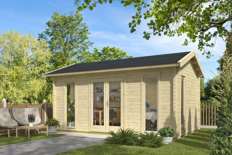 Gartenhaus mit Satteldach, Außenmaße: 320 x 520 cm, 70 mm Blockbohlenhaus, aus nordischen Fichtenholz, Grundfläche: 16,64 m², Fenster und Tür aus Isolierglas
