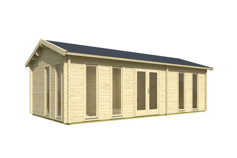 Gartenhaus mit Satteldach, inkl. Fußboden, Grundfläche: 32 m², aus nordischen Fichtenholz, 70 mm Blockbohlenhaus, Fenster und Tür aus Isolierglas, Außenmaße: 400 x 800 cm