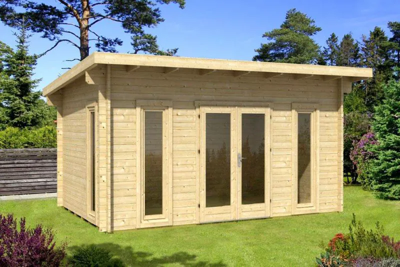 Flachdach-Gartenhaus 3,8 x 5,1 Meter (inkl. Dach) | 4 Fenster | 40 mm Blockbohlen |natur unbehandelt | aus Holz | inkl. Fußboden | aus nordischer Fichte Abbildung