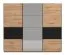 Dreitüriger Schwebetürenschrank Crina 10, Farbe: Eiche Artisan / Schwarz, Spiegel, zwei Kleiderstangen, ABS-Kanten, Maße: 224 x 262,5 x 65,5 cm