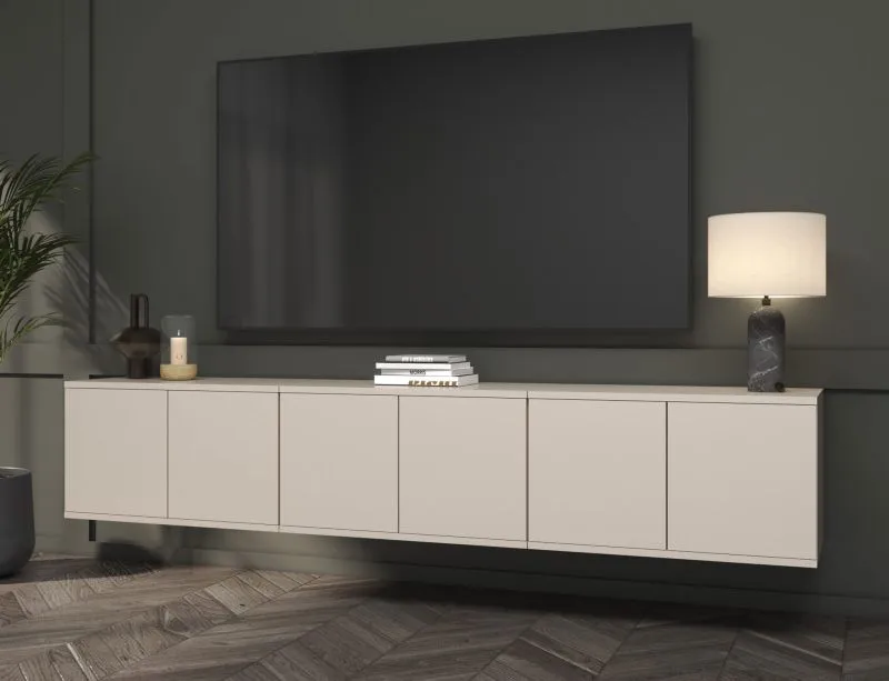 TV-Unterschrank | Kaschmir | Push-to-open Funktion | 6 Türen | 12 Fächer | 210 x 40 x 40 cm | kann hängend oder stehend aufgebaut werden | TV-Board
