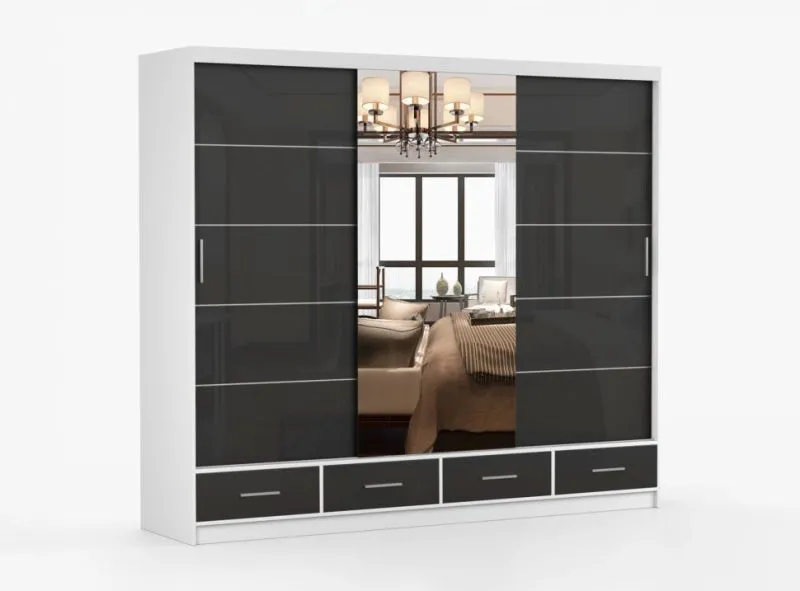 2,5 Meter breiter Schiebetürenschrank / Kleiderschrank mit Spiegel Schwarz / Weiß | Lusatian 29 | 218 x 250 x 61 cm | 4 Schubladen | 7 Fächer