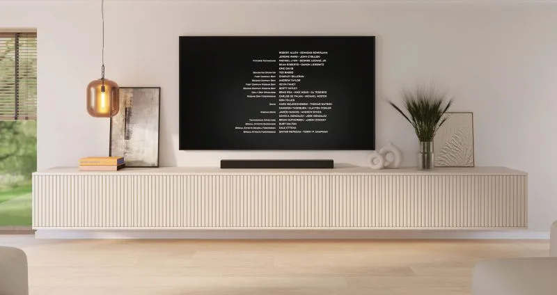 Hängender TV-Unterschrank | Kaschmir | 10 Drehtüren | 10 Fächer | 350 x 40 x 40 cm | Lamellen Design | für Wohnzimmer | TV-Möbel | Push-to-open Funktion