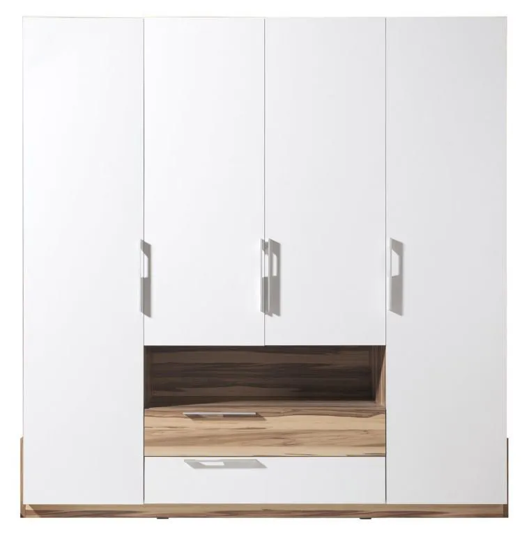 Kleiderschrank | 4 Drehtüren | 2 Schubladen | 8 Fächer | mit 2 Kleiderstangen | 210 cm breit | Farbe: Weiß / Walnuss Abbildung