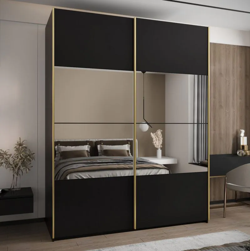Kleiderschrank / Schiebetürenschrank | Farbe: Schwarz | 11 Fächer | 2 Schiebetüren | 245,5 x 190 x 64 cm | Spiegel | Soft-Close | 2 Kleiderstangen