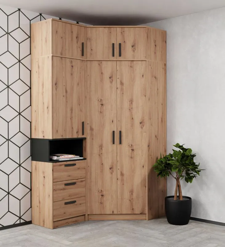 Eckkleiderschrank - Set C Fafe | 4-teilig | Farbe: Eiche Artisan / Schwarz | genügend Stauraum | Soft-Close-Funktion | Kleiderschrank
