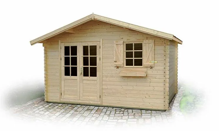 Holz-Gartenhaus 2,98 x 3,98 Meter (inkl. Dach) | Naturbelassen | Satteldach | 44 mm Blockbohlen-Haus Abbildung