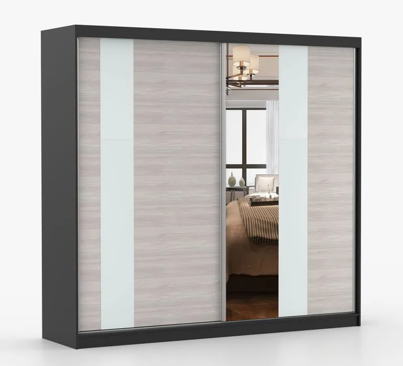 Kleiderschrank / Schiebetürenschrank 2,3 Meter breit | Gorski 62 | Grau-Weiß / Schwarz | mit Spiegel | 2 Türen | Griffe: Metall | 218 x 233 x 61 cm