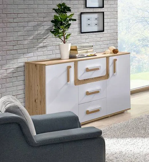 Jugendzimmer - Kommode Oskar 07, Farbe: Eiche Hellbraun / Weiß - 84 x 128 x 40 cm (H x B x T)