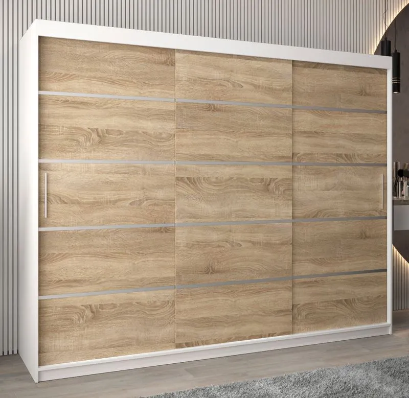 Schiebetürenschrank / Kleiderschrank Jan 06A, Farbe: Weiß matt / Eiche Sonoma - Abmessungen: 200 x 250 x 62 cm ( H x B x T)