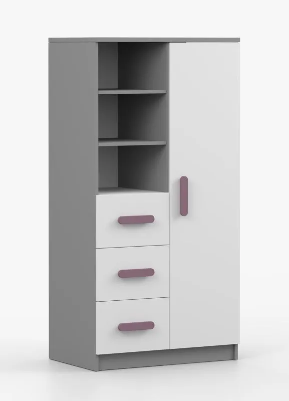 80 cm breite Bücherregal | Smolikas 38 | Weiß / Grau | 3 Schubladen | 159 x 80 x 40 cm | 7 Fächer | violette Holzgriffe | Kinder | Jugend