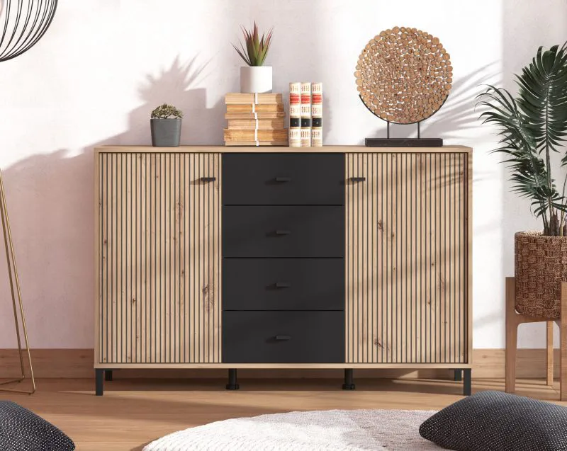 Kommode | 4 Schubladen | Farbe: Eiche Artisan / Schwarz | 2 Drehtüren | ABS-Kanten | 4 Fächer | Maße: 138 x 40 x 90 cm | Sideboard | für Wohnzimmer