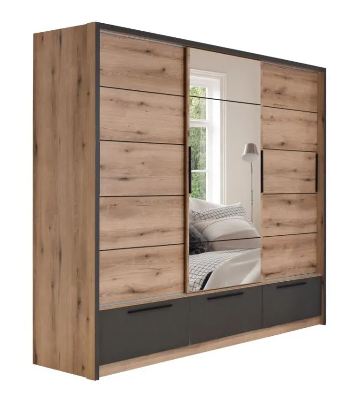 Schiebetürenschrank / Kleiderschrank Cerdanyola 07, Farbe: Eiche / Grau - Abmessungen: 222 x 269 x 64 cm (H x B x T)