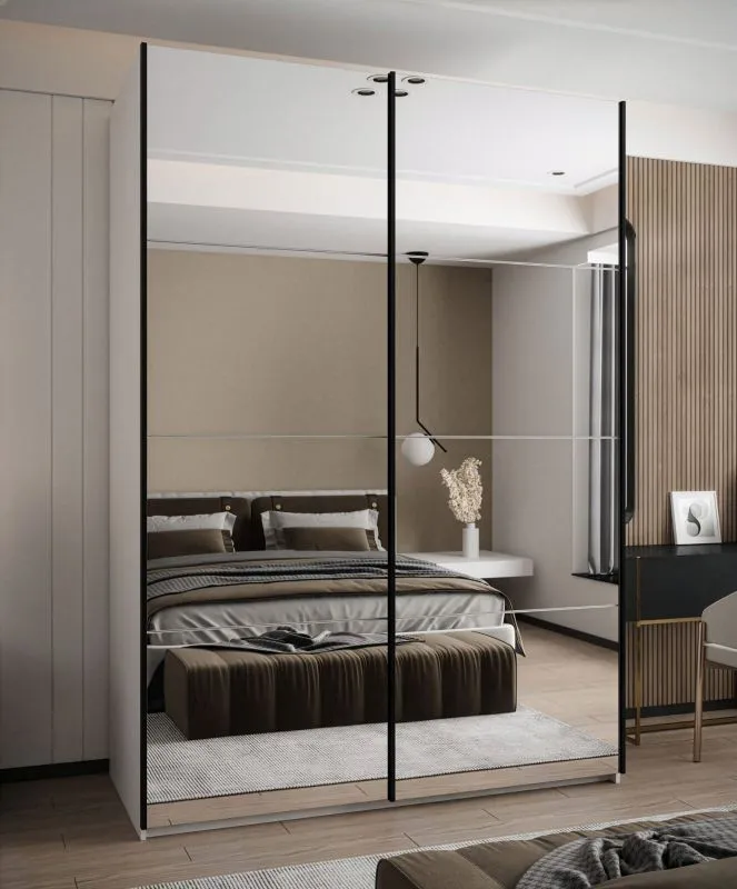 Kleiderschrank / Schiebetürenschrank | Farbe: Weiß | 2 Kleiderstangen | 11 Fächer | 245,5 x 170 x 64 cm | 2 Schiebetüren | Spiegel | Soft-Close