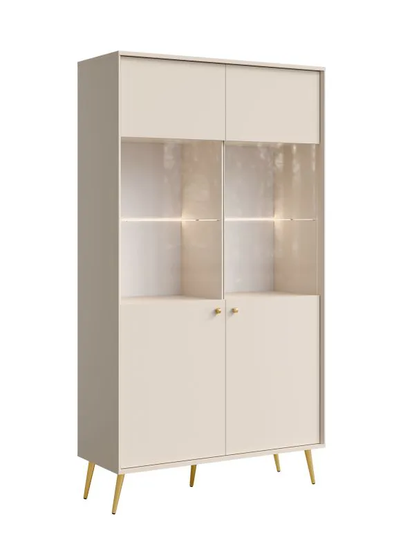 Vitrine | zwei Glaseinlegeböden | Farbe: Beige | 10 Fächer | inkl. LED-Beleuchtung | Griffe & Beine: Gold | Maße: 105,5 x 40,5 x 191 cm | elegantes Design