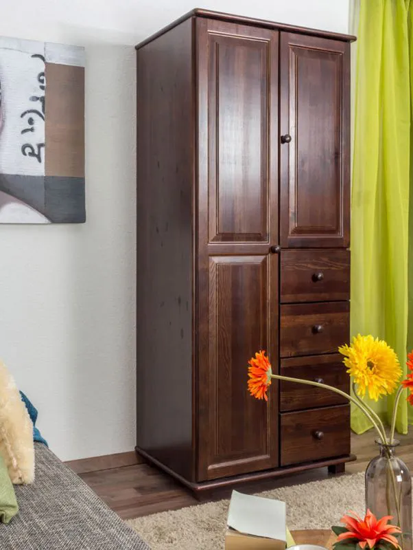Kleiderschrank | 1 Drehtür | 4 Schubladen | mit Kleiderstange | 80 cm breit | Massivholz | Farbe: Nuss Abbildung