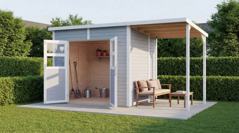 Gartenhaus | Grundfläche: 6,84 m² | Hellgrau lackiert | Gerätehaus | 19 mm Elementgartenhaus | Gartenhaus inkl. Schleppdach | inkl. Fußboden | Flachdach | Freiberg 02