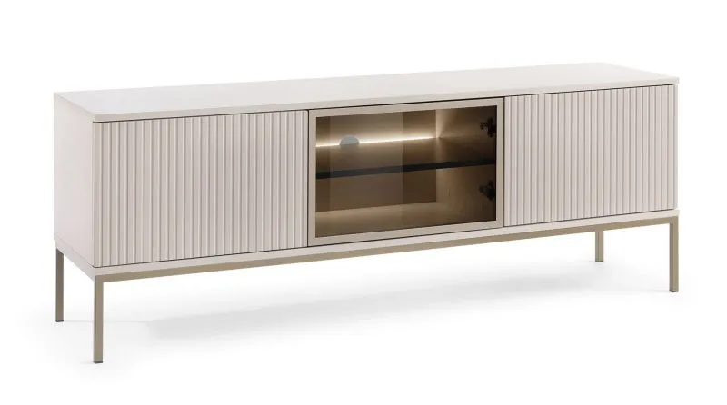 Eleganter TV-Unterschrank mit Push-to-open Funktion, in Kaschmir, 56 x 154 x 39 cm, mit 3 Türen und 4 Fächern, inkl. LED-Beleuchtung, ABS-Kanten