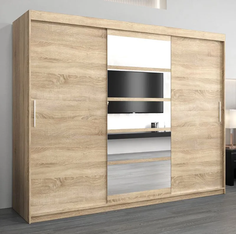 Großer 250 cm breiter Kleiderschrank mit 10 Fächern und 3 Türen | Farbe: Sonoma Eiche Abbildung