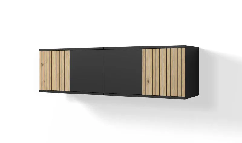 TV-Board / TV-Schrank Valtierrilla 01, vier Türen, Farbe: Schwarz / Eiche Artisan, Push-to-open Funktion, Maße: 40 x 140 x 40 cm, für Wohnzimmer