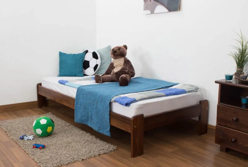 Bettrahmen für Kinder / Kinderbett 90 x 200 cm | Massivholz: Kiefer | Nuss Lackiert | inkl. Rollrost Abbildung