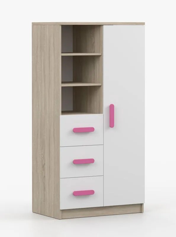Bücherregal 80 cm breit | Weiß / Sonoma Eiche | Smolikas 26 | 3 Schubladen | 159 x 80 x 40 cm | rosa Holzgriffe | 7 Fächer | Kinder | Jugend