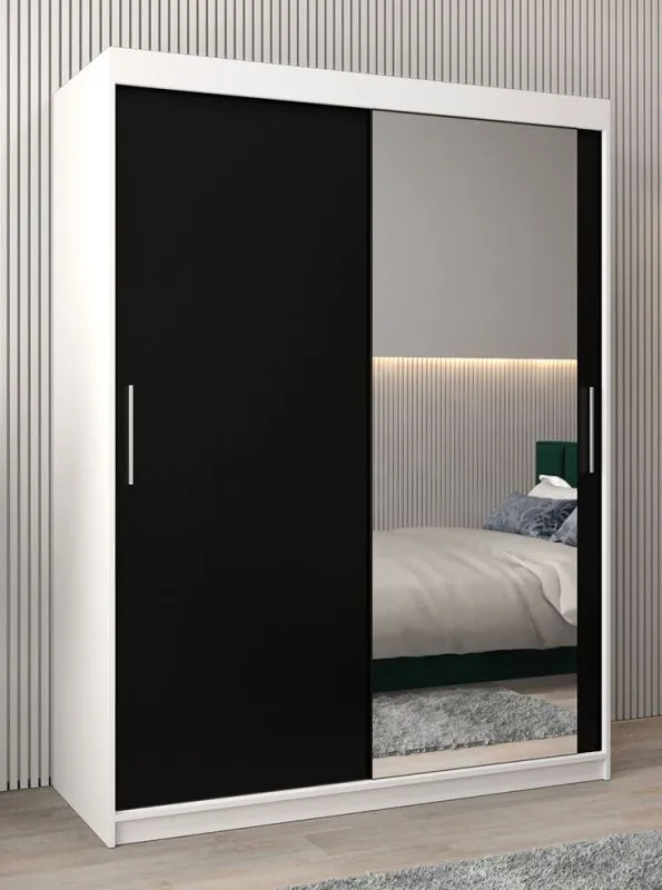 150 cm breiter Schiebetürenschrank mit 2 Türen | 5 Fächer | 2 Kleiderstangen | Farbe: Weiß / Schwarz Abbildung