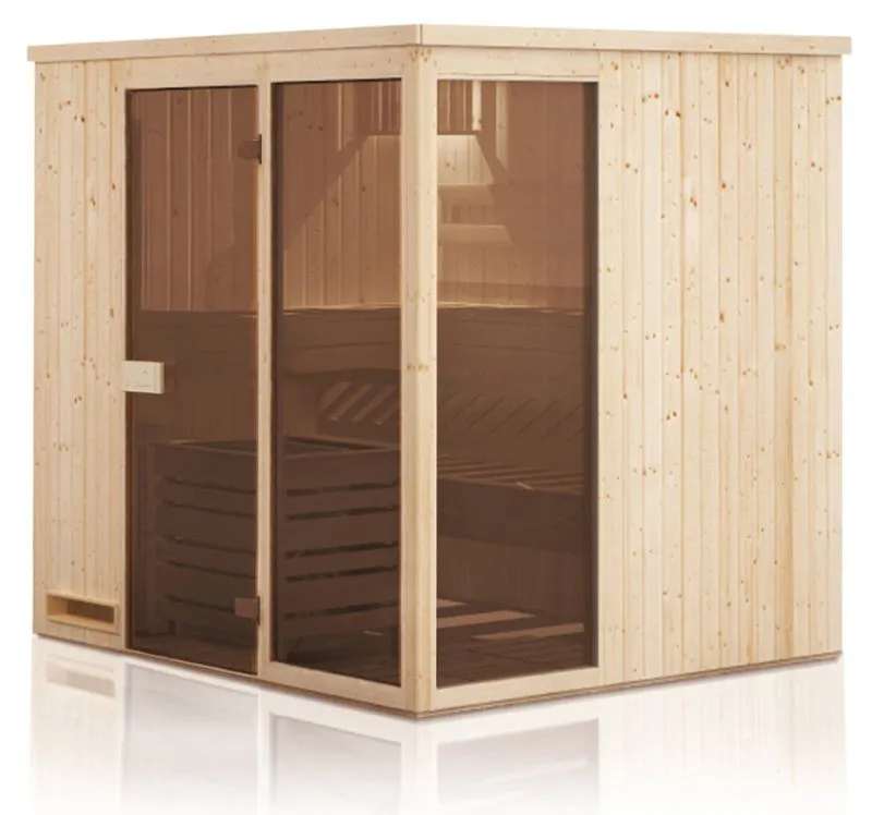 Elementsauna Kawir 68 mm mit 2 Sichtfenstern und Dachkranz - Außenmaße (B x T x H): 194 x 194 x 199 cm
