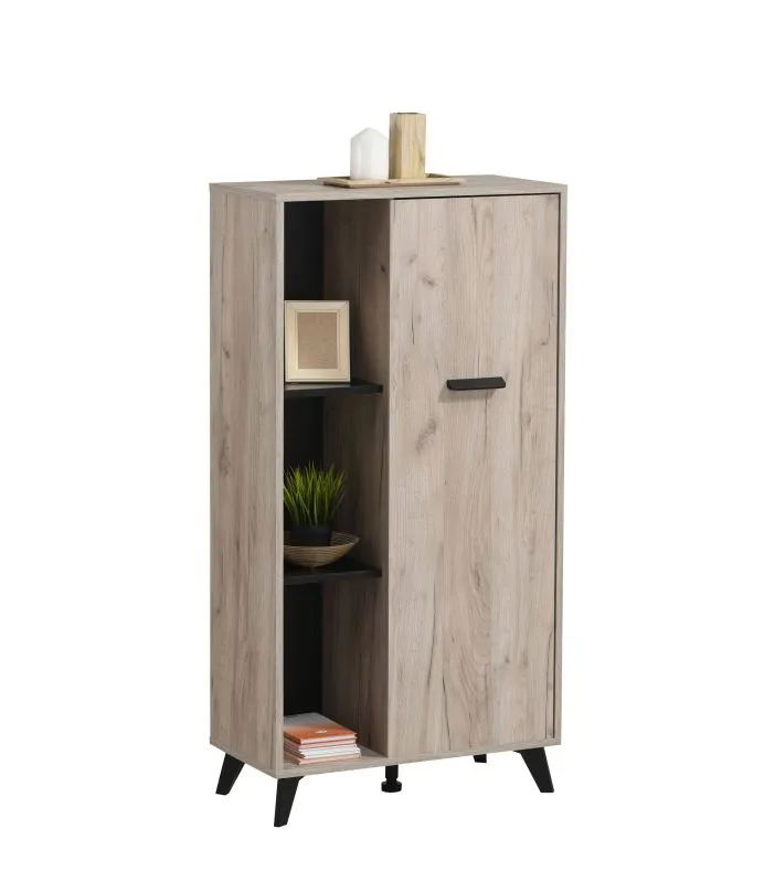 Hohe Kommode mit sechs Fächern Vracar 04, Farbe: Eiche Grau / Schwarz, eine Tür, sehr gut kombinierbar, Maße: 130,5 x 68 x 33 cm, für Wohnzimmer