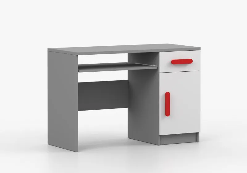 1,1 Meter breiter Schreibtisch | Weiß / Grau | Smolikas 85 | Holzgriffe | 1 Türe | 1 Schublade | 3 Fächer | 75 x 110 x 50 cm