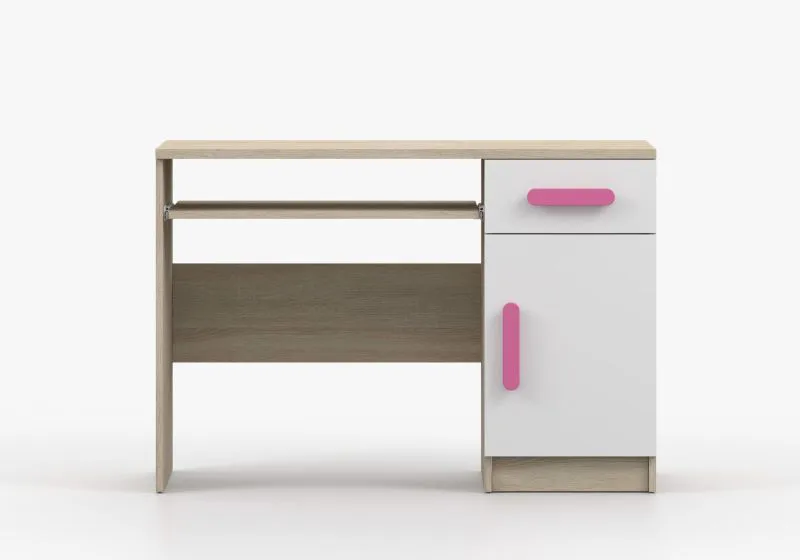 Schreibtisch | 75 x 110 x 50 cm | 3 Fächer | 1 Schublade | Weiß / Sonoma Eiche | Smolikas 74 | 1 Türe | rosa Holzgriffe | eckig