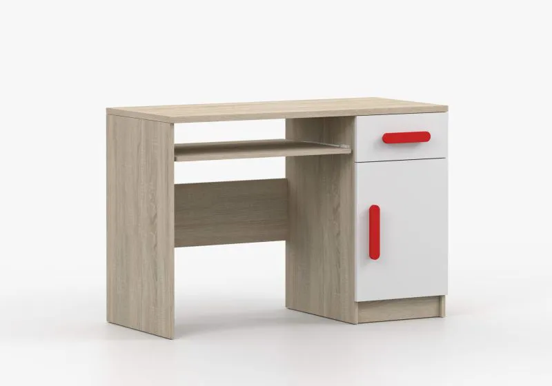 Schreibtisch 1,1 Meter breit | Weiß / Sonoma Eiche | 3 Fächer | Holzgriffe | 1 Schublade | Smolikas 77 | 75 x 110 x 50 cm | 1 Türe