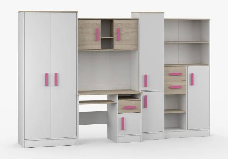 Kinderzimmer Schrankwand mit Schreibtisch | Weiß / Eiche | Grammasos 04 | 300 x 52 x 196 cm | 8 Türen | 3 Schubladen | 19 Fächer | Jugendzimmer