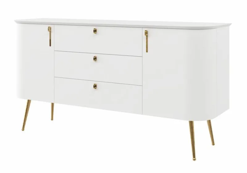 Kommode | Weiß matt | 158 x 47 x 82 cm | Palauli 03 | 3 Schubladen | 2 Türen | Soft Close System | abgerundete Fronten | Metallbeine | Metallgriffe in Gold