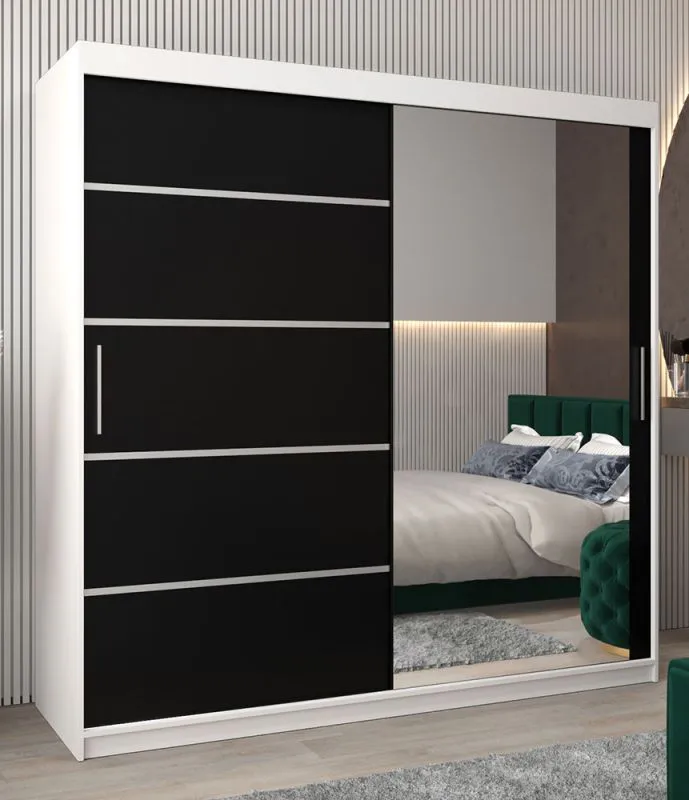 Schiebetürenschrank / Kleiderschrank Jan 05B mit Spiegel, Farbe: Weiß matt / Schwarz - Abmessungen: 200 x 200 x 62 cm ( H x B x T)