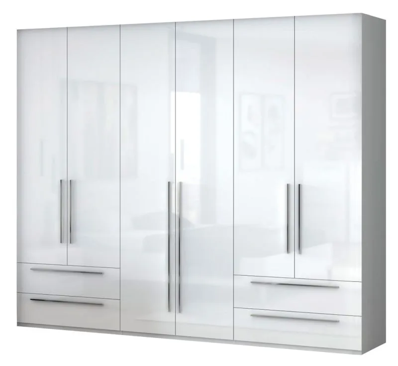Großer Kleiderschrank | 6 Drehtüren | 4 Schubladen | 5 Fächer | mit 3 Kleiderstangen | 272 cm breit | Farbe: Weiß Abbildung