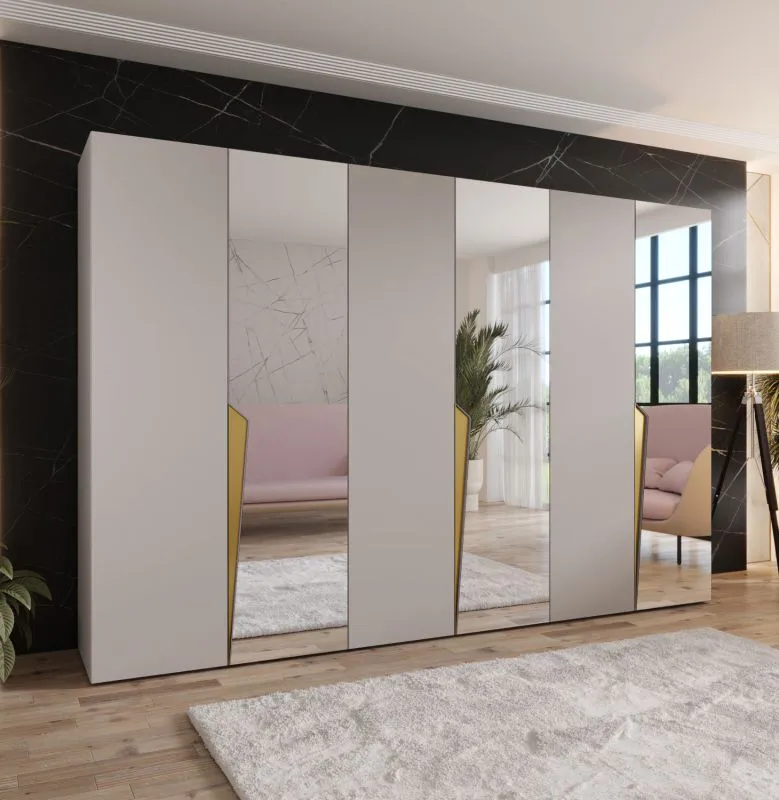 Drehtürenschrank | 3 Spiegeltüren | Farbe: Kaschmir | Soft-Close | 3 Fächer | 3 Kleiderstangen | Griffe: Kaschmir | Maße: 300 x 52 x 202 cm | Kleiderschrank