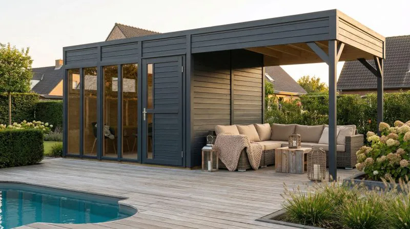 Gartenhaus | Schleppdach | Anthrazit | Grundfläche: 5,59 x 2,34 Meter | inkl. Fußboden | Poolhaus | Sonnenfreude 02 | Elementbauweise | Flachdach | inkl. großem Panoramafenster