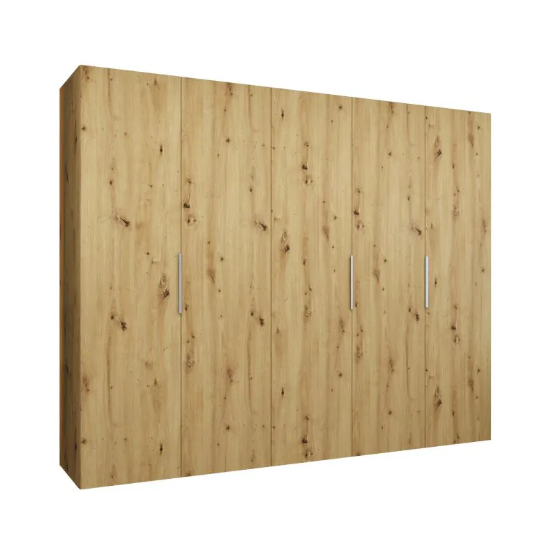 Kleiderschrank mit drei Kleiderstangen Korab 35, 2,5 Meter breit, drei Fächer, fünf Türen, Farbe: Eiche Artisan, Soft-Close-Funktion, Griffe: Kaschmir