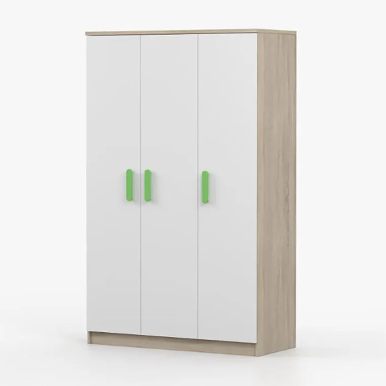 Kleiderschrank / Drehtürenschrank | 192 x 120 x 50 cm | Kleiderstange | Holzgriffe | Smolikas 103 | Weiß / Sonoma Eiche | 9 Fächer | 3 Türen