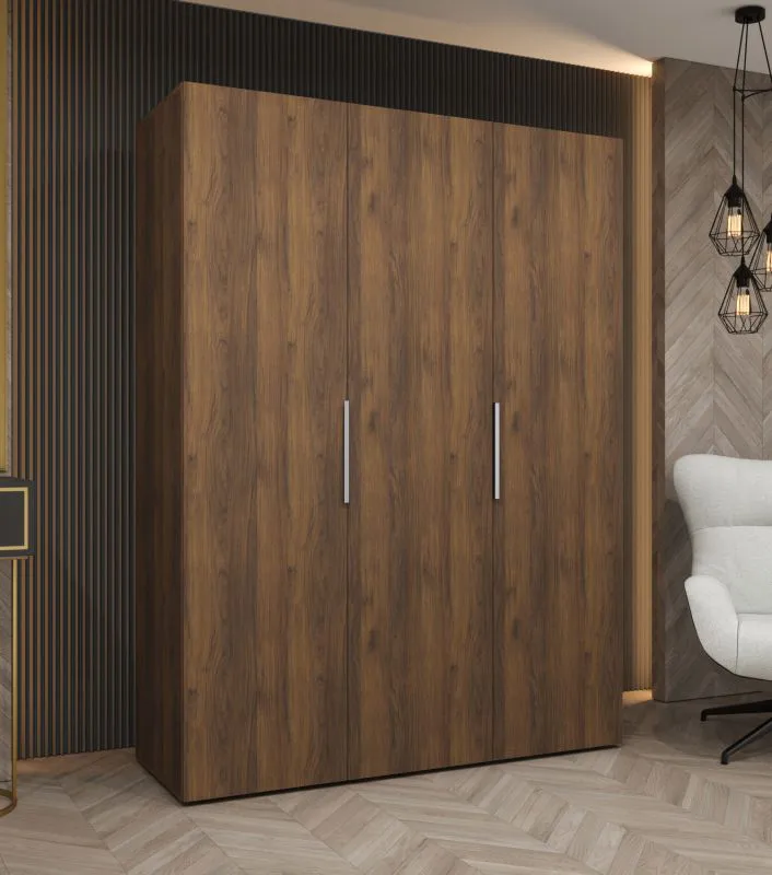 Drehtürenschrank mit 1,5 Meter breite | Farbe: Walnuss | drei Türen | Soft-Close-Funktion | zwei Fächer | Griffe: Silber | zwei Kleiderstangen | Kleiderschrank