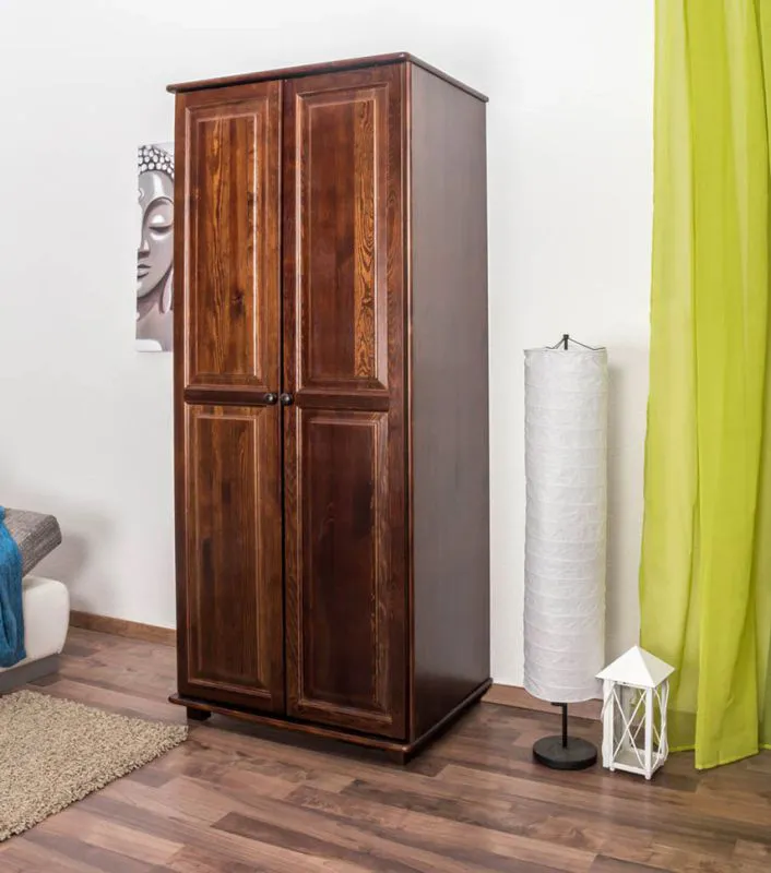 Schmaler Kleiderschrank | 2 Drehtüren | 1 Fach | mit Kleiderstange | 80 cm breit | Massivholz | Farbe: Nuss Abbildung