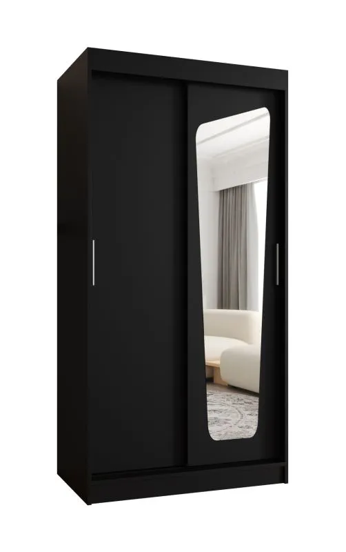 Schiebetürenschrank / Kleiderschrank Aletschhorn 03, Farbe: Schwarz, fünf Fächer, eine Spiegeltür, 1 Meter breit, zwei Kleiderstangen, Aluminiumschienen