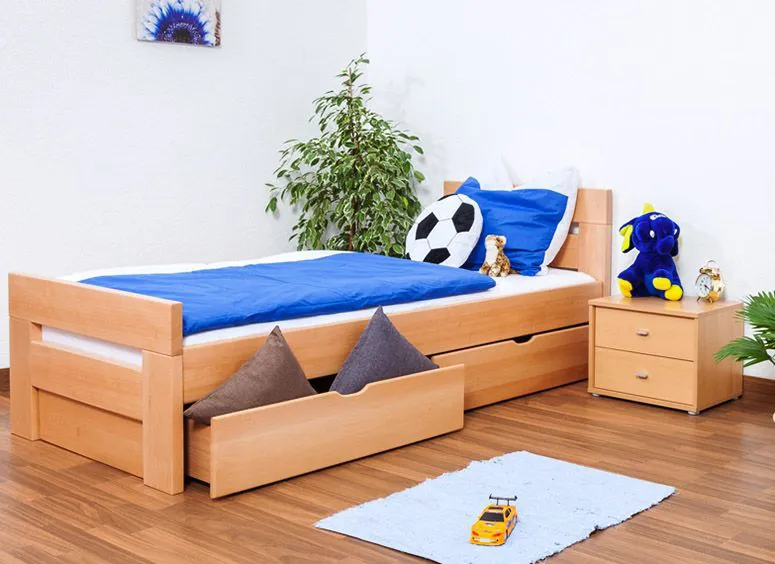 Kinderbett 90 x 200 cm | Massivholz: Buche | Natur Lackiert | inkl. 2 Schubladen und Lattenrost Abbildung