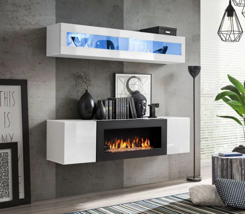 Hängevitrine und Kommode mit Kamin Hompland 125, Farbe: Weiß - Abmessungen: 150 x 160 x 40 cm (H x B x T), mit blauer LED-Beleuchtung