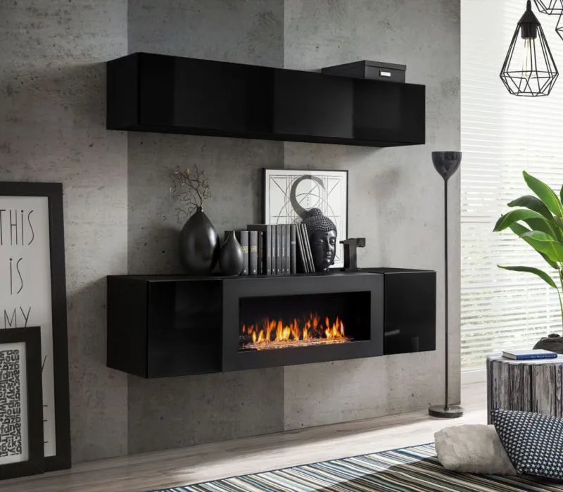 Hängeschrank und Kommode mit Kamin Hompland 124, Farbe: Schwarz - Abmessungen: 150 x 160 x 40 cm (H x B x T)