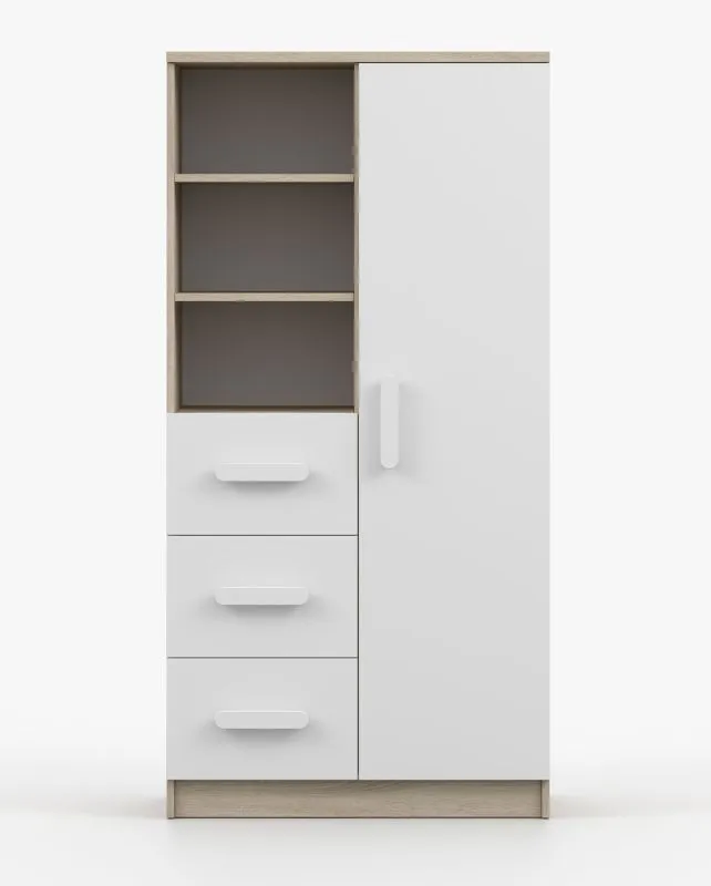 Bücherregal 80 cm breit | Smolikas 33 | Weiß / Sonoma Eiche | 3 Schubladen | weiße Holzgriffe | 159 x 80 x 40 cm | 7 Fächer | Kinder | Jugend