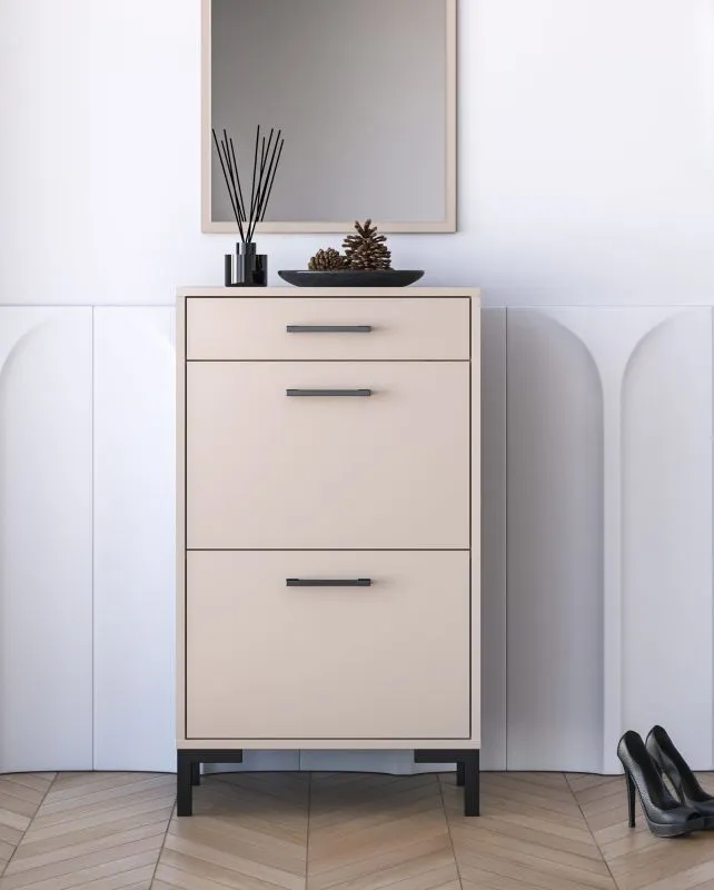 Schuhschrank / Schuhregal Creola 02 | 1 Schublade | 2 Kippschubladen | 4 Fächer | Maße: 55 x 34 x 94 cm | Farbe: Kaschmir | Griffe: Kunststoff